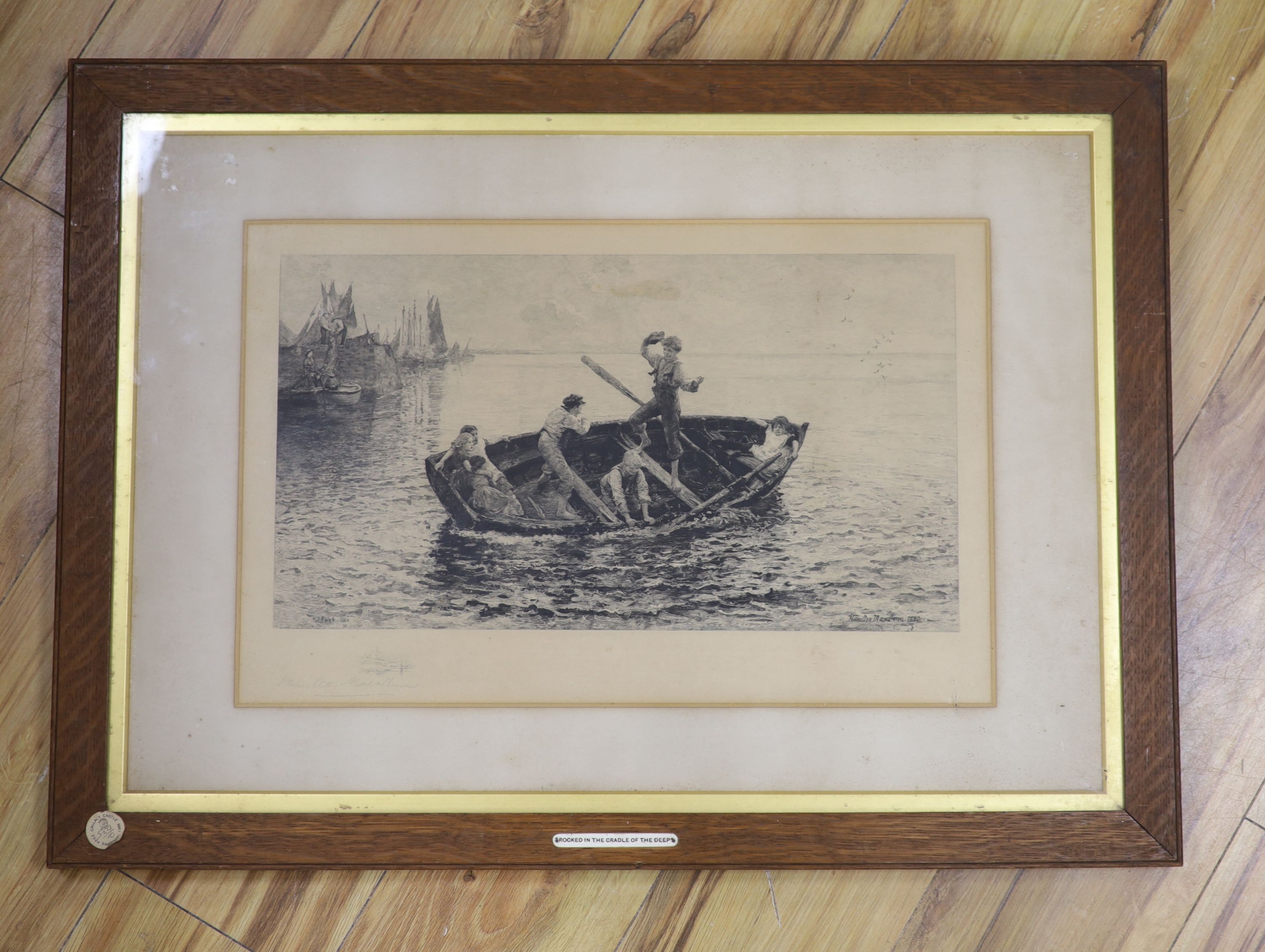 Hamilton Macallum (1841-1896), signed photo etching, 'Rocked in the cradle of the deep', 32 x 50cm, 1985 Christie's Callaly Castle Sale ticket